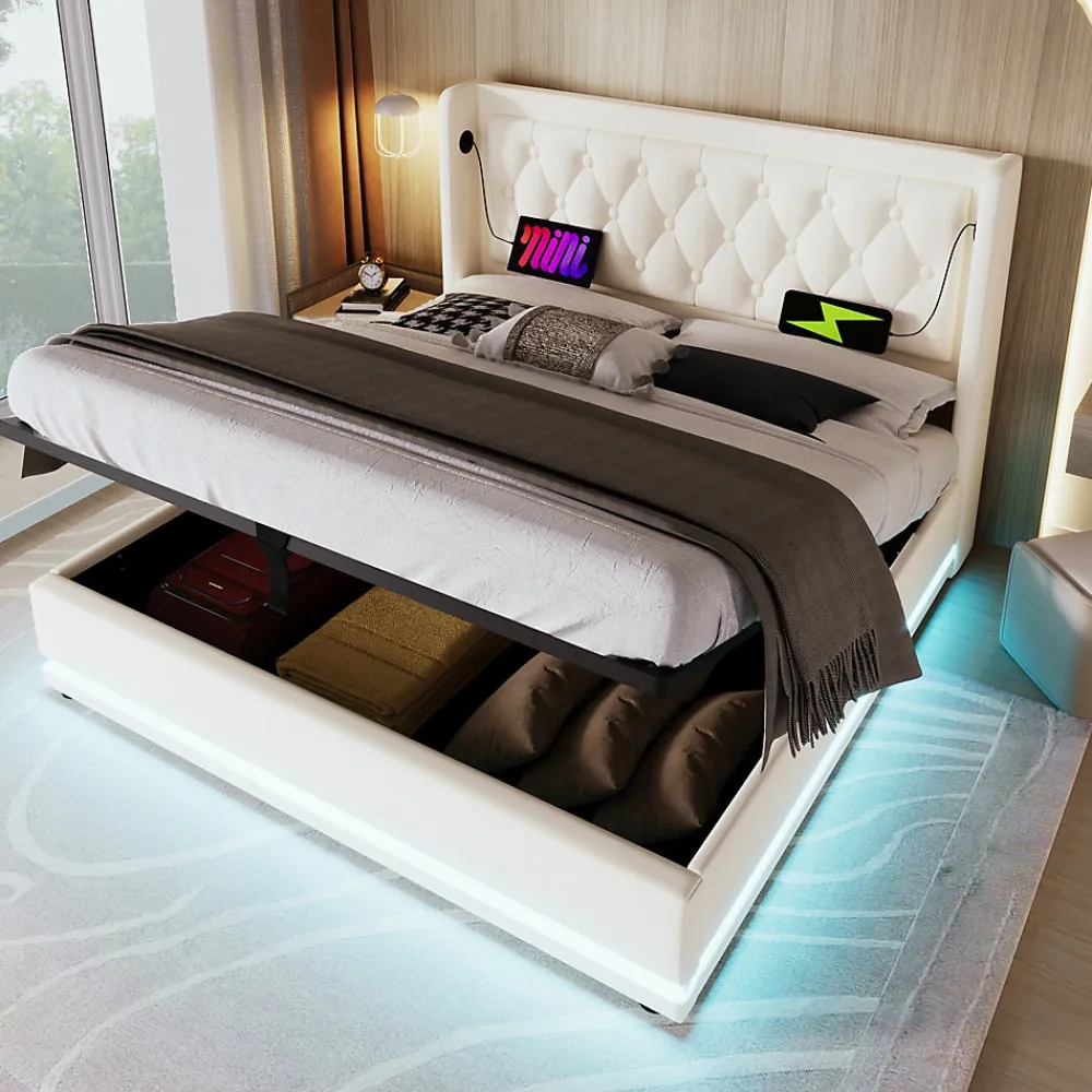 Lit coffre 160x200 cm - Lit coffre hydraulique avec USB Type-C et LED - PU - Sans Matelas - Blanc>Okwish New