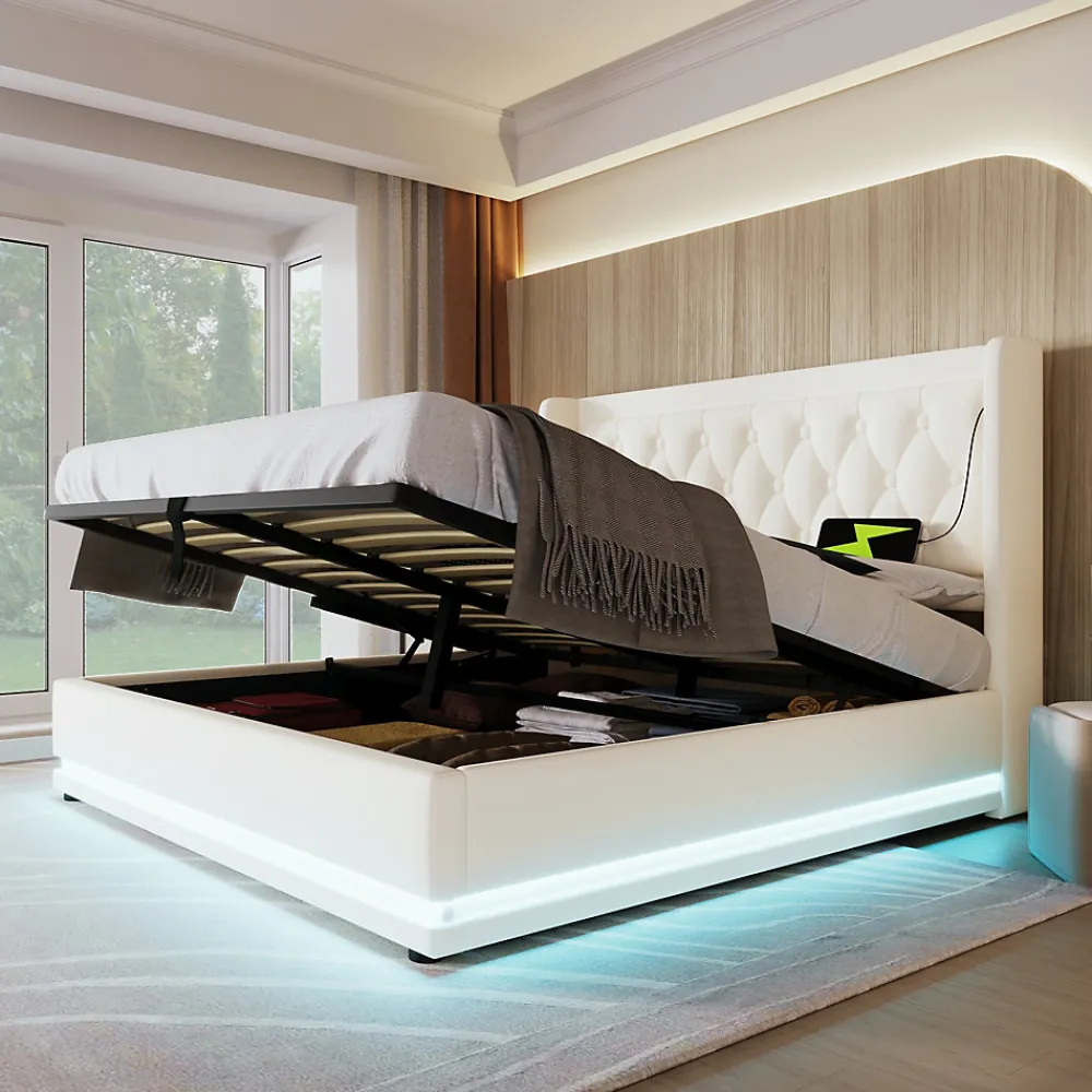 Lit coffre 160x200 cm - Lit coffre hydraulique avec USB Type-C et LED - PU - Sans Matelas - Blanc>Okwish New