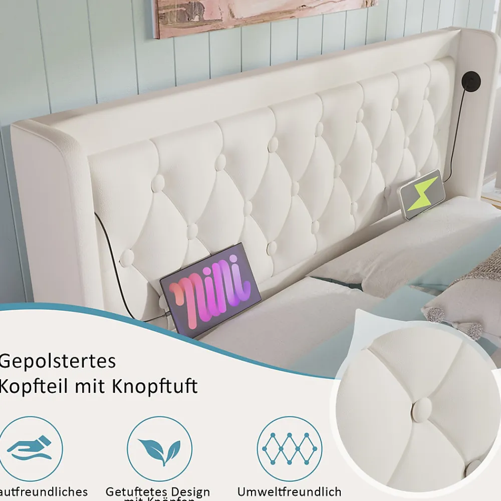 Lit coffre 160x200 cm - Lit coffre hydraulique avec USB Type-C et LED - PU - Sans Matelas - Blanc>Okwish New