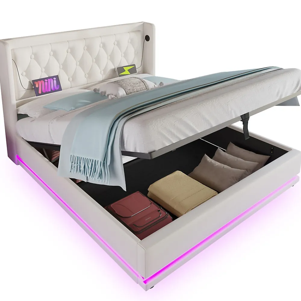 Lit coffre 160x200 cm - Lit coffre hydraulique avec USB Type-C et LED - PU - Sans Matelas - Blanc>Okwish New