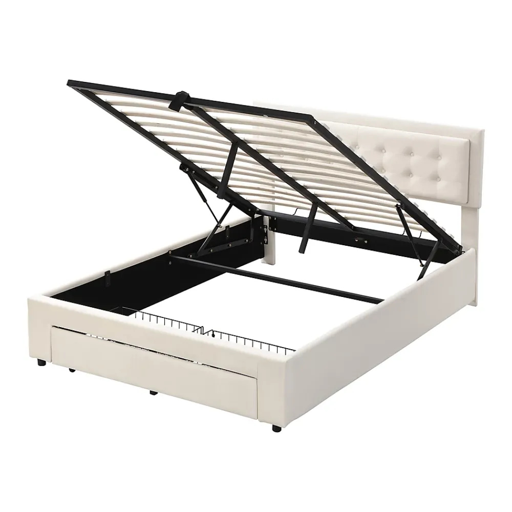 Generique Lit coffre 140x190 cm - Lit coffre hydraulique avec 2 tiroirs et sommier à lattes - Capitonné Velours - Sans Matelas - Beige* Lit Coffre