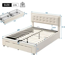 Generique Lit coffre 140x190 cm - Lit coffre hydraulique avec 2 tiroirs et sommier à lattes - Capitonné Velours - Sans Matelas - Beige* Lit Coffre