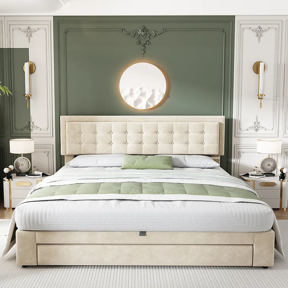 Lit coffre 180x200 cm - Lit coffre hydraulique avec 2 tiroirs et sommier à lattes - Velours - Sans Matelas - Beige>Generique Clearance