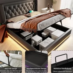 Generique Lit coffre 180x200 cm - Lit coffre hydraulique avec USB Type-C et LED - PU - Sans Matelas - Noir* Lit Coffre
