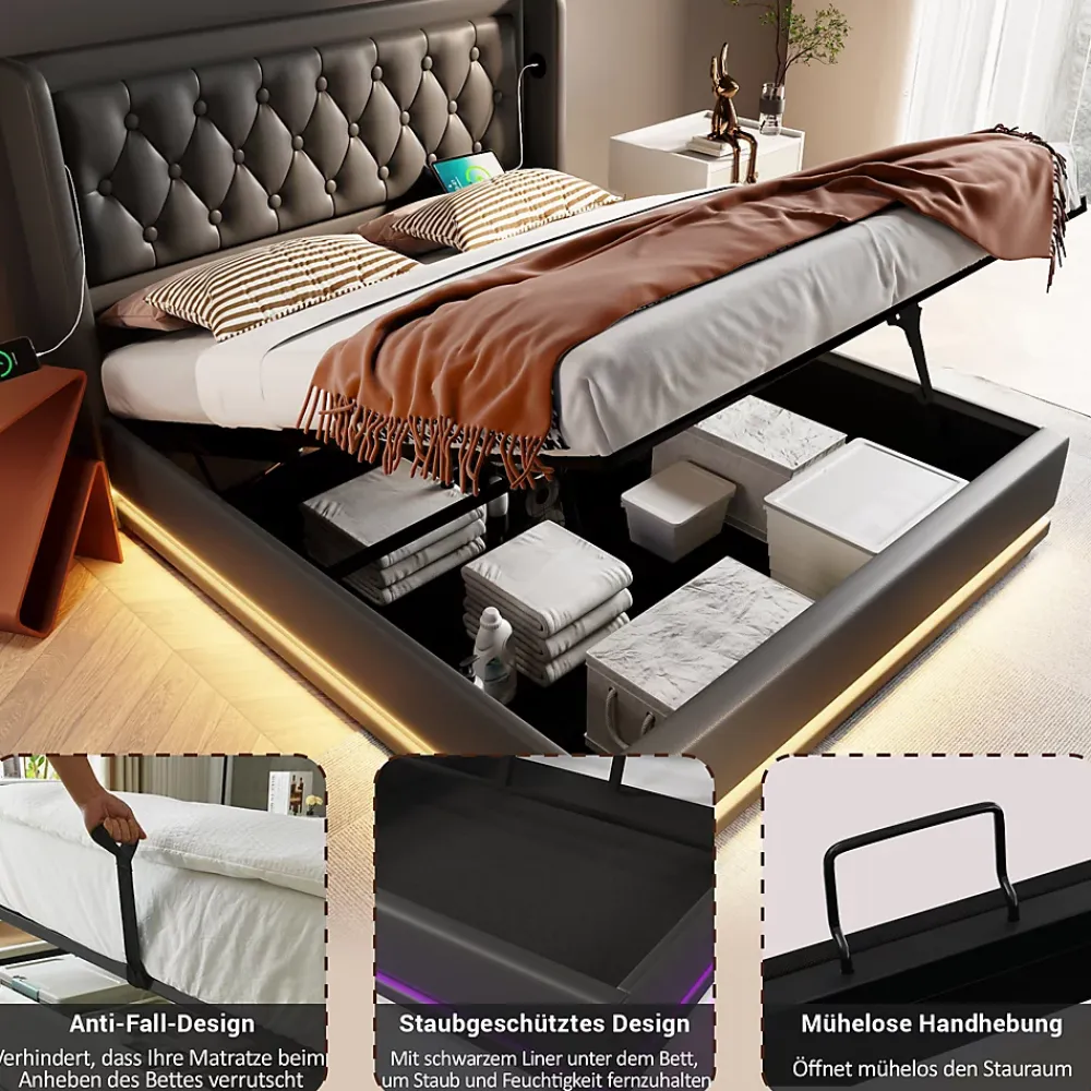 Generique Lit coffre 180x200 cm - Lit coffre hydraulique avec USB Type-C et LED - PU - Sans Matelas - Noir* Lit Coffre