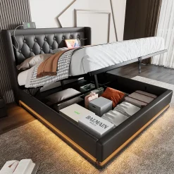 Generique Lit coffre 180x200 cm - Lit coffre hydraulique avec USB Type-C et LED - PU - Sans Matelas - Noir* Lit Coffre
