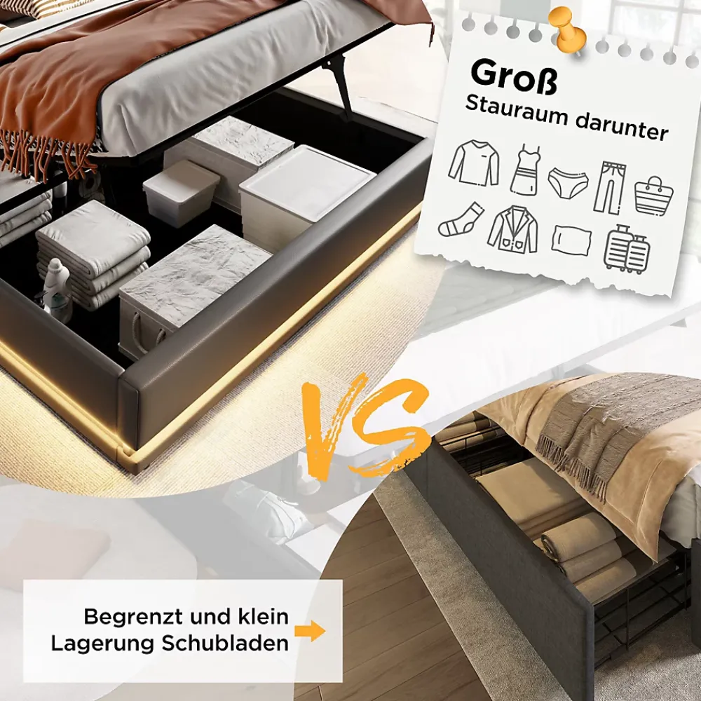 Generique Lit coffre 180x200 cm - Lit coffre hydraulique avec USB Type-C et LED - PU - Sans Matelas - Noir* Lit Coffre