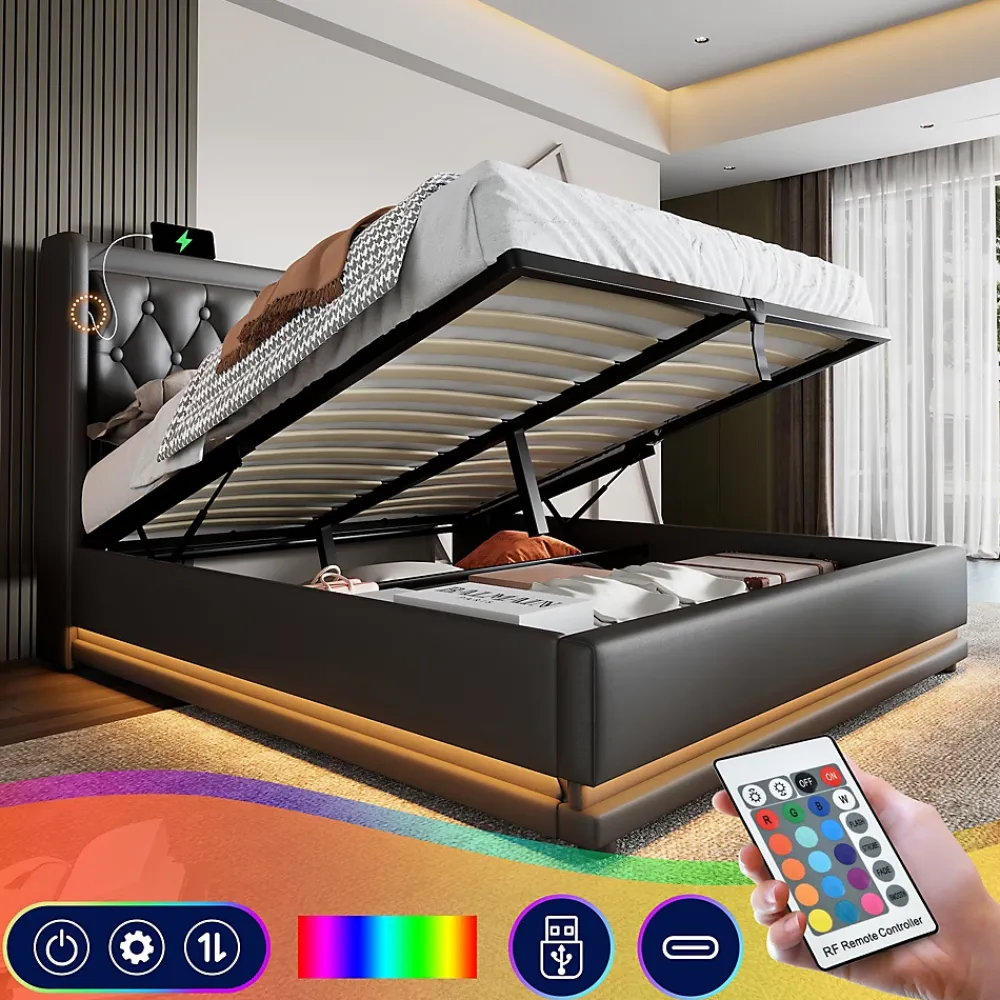 Generique Lit coffre 180x200 cm - Lit coffre hydraulique avec USB Type-C et LED - PU - Sans Matelas - Noir* Lit Coffre