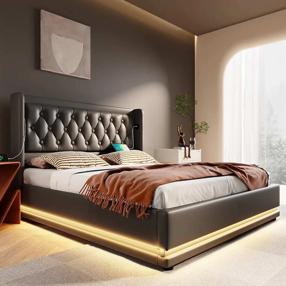 Generique Lit coffre 180x200 cm - Lit coffre hydraulique avec USB Type-C et LED - PU - Sans Matelas - Noir* Lit Coffre