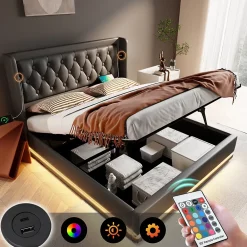 Generique Lit coffre 180x200 cm - Lit coffre hydraulique avec USB Type-C et LED - PU - Sans Matelas - Noir* Lit Coffre