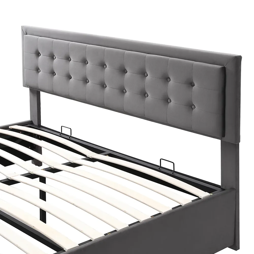 Okwish Lit coffre 180x200 cm - Lit coffre hydraulique avec 2 tiroirs et sommier à lattes - Velours - Sans Matelas - Gris* Lit Coffre