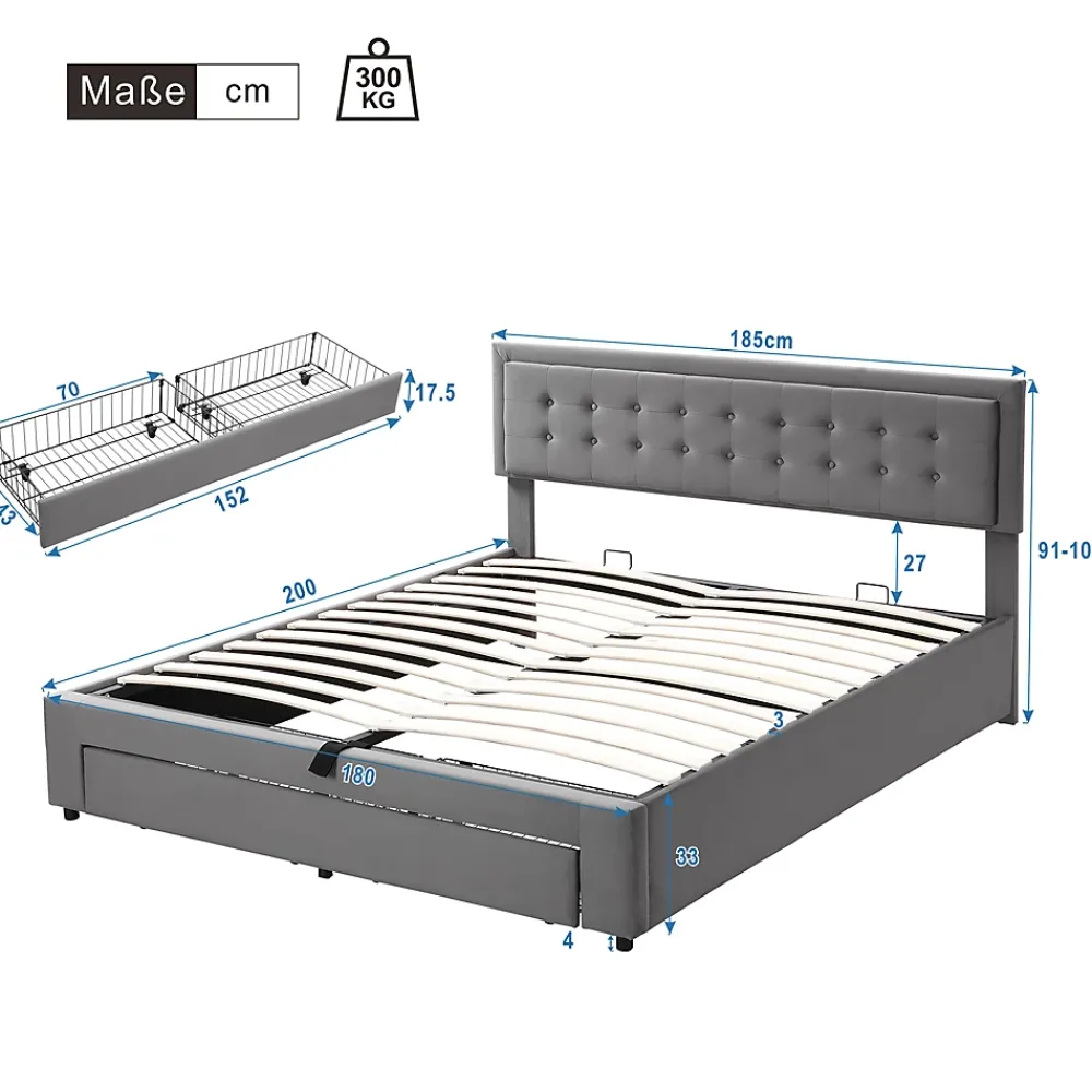 Okwish Lit coffre 180x200 cm - Lit coffre hydraulique avec 2 tiroirs et sommier à lattes - Velours - Sans Matelas - Gris* Lit Coffre