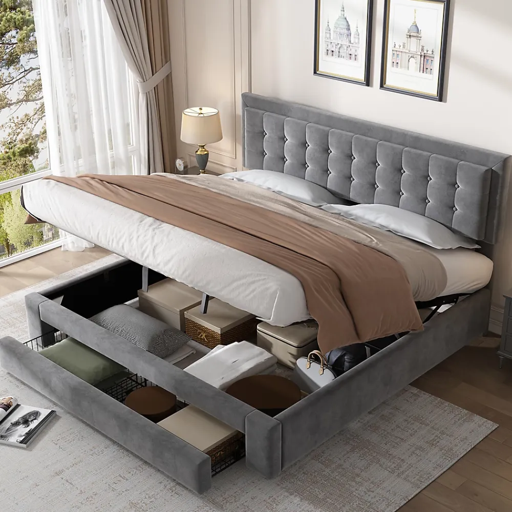 Okwish Lit coffre 180x200 cm - Lit coffre hydraulique avec 2 tiroirs et sommier à lattes - Velours - Sans Matelas - Gris* Lit Coffre