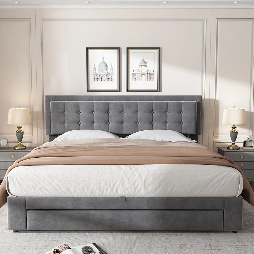 Okwish Lit coffre 180x200 cm - Lit coffre hydraulique avec 2 tiroirs et sommier à lattes - Velours - Sans Matelas - Gris* Lit Coffre