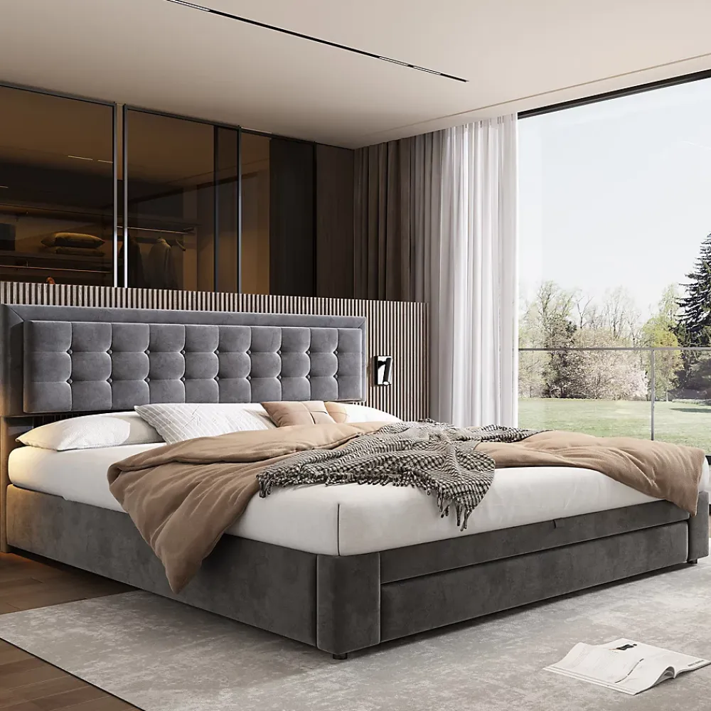 Okwish Lit coffre 180x200 cm - Lit coffre hydraulique avec 2 tiroirs et sommier à lattes - Velours - Sans Matelas - Gris* Lit Coffre