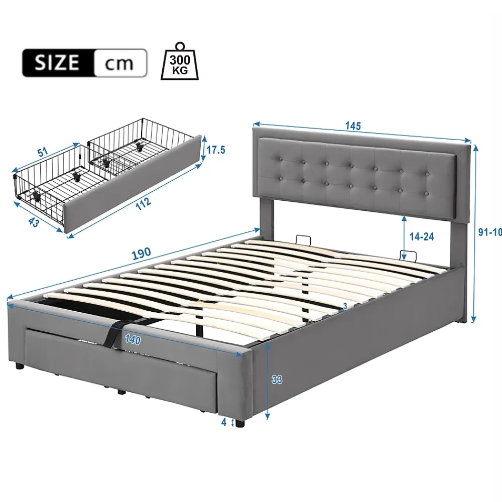 Generique Lit coffre 140x190 cm - Lit coffre hydraulique avec 2 tiroirs et sommier à lattes - Capitonné Velours - Sans Matelas - Gris* Lit Coffre
