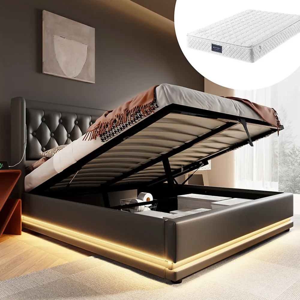 Lit coffre 140x200 cm - Lit coffre hydraulique avec USB Type-C et LED - PU - avec Matelas - Noir>Okwish Hot