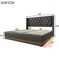 Lit coffre 140x200 cm - Lit coffre hydraulique avec USB Type-C et LED - PU - avec Matelas - Noir><noscript><img width=