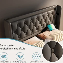 Lit coffre 140x200 cm - Lit coffre hydraulique avec USB Type-C et LED - PU - avec Matelas - Noir><noscript><img width=