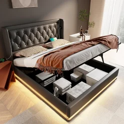 Lit coffre 140x200 cm - Lit coffre hydraulique avec USB Type-C et LED - PU - avec Matelas - Noir><noscript><img width=