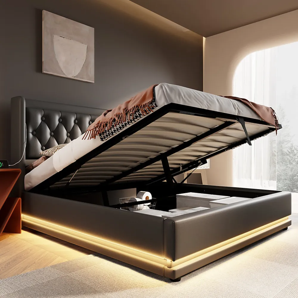 Lit coffre 140x200 cm - Lit coffre hydraulique avec USB Type-C et LED - PU - avec Matelas - Noir>Okwish Hot