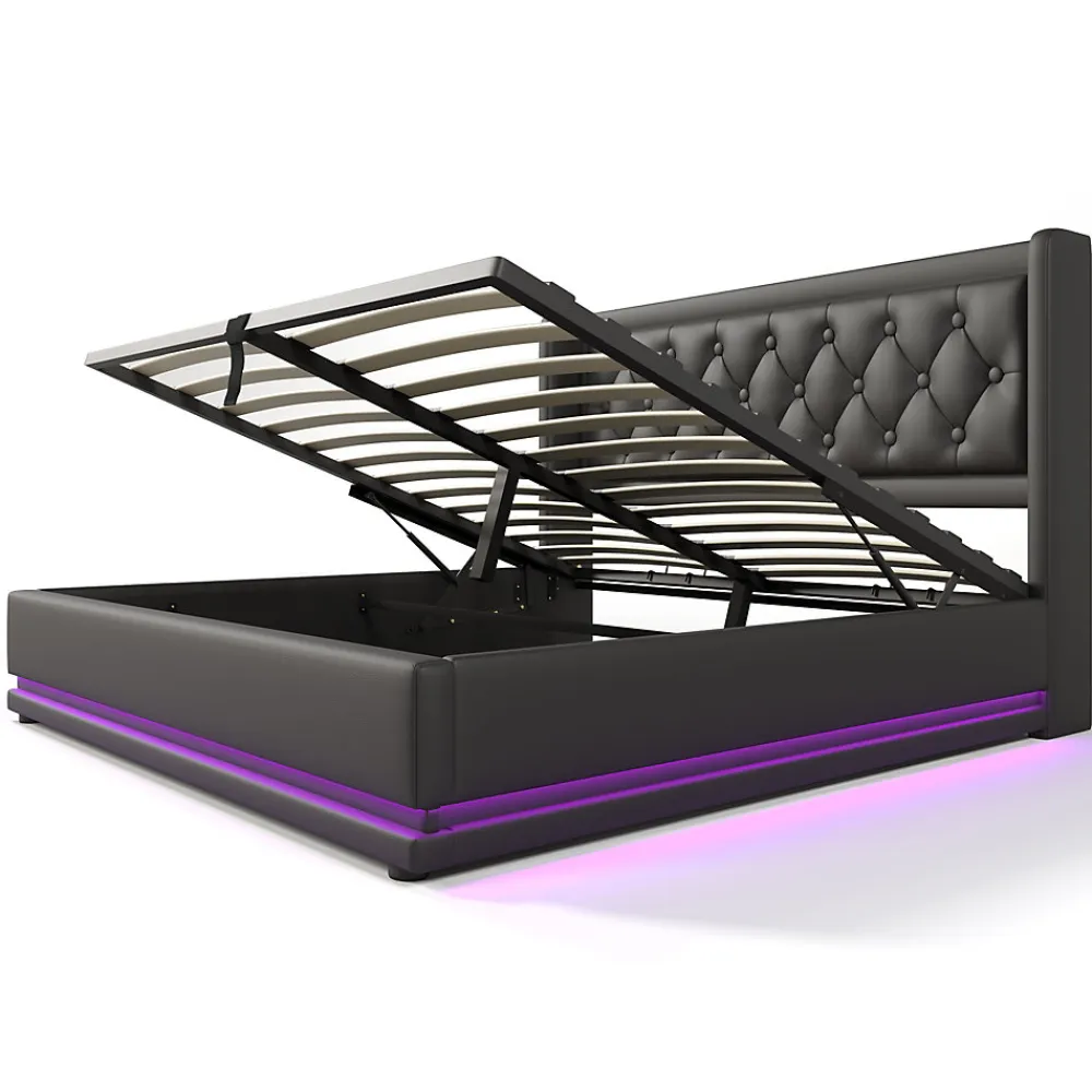 Lit coffre 140x200 cm - Lit coffre hydraulique avec USB Type-C et LED - PU - avec Matelas - Noir>Okwish Hot