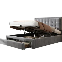 Lit coffre 140x200 cm - Lit coffre hydraulique avec 2 tiroirs et sommier à lattes en bois - Velours - Sans Matelas - Gris><noscript><img width=