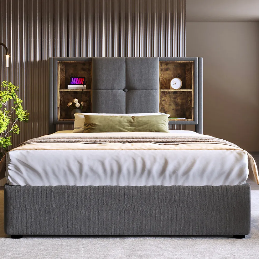 Lit Coffre 90x200 cm - Lit Coffre Capitonné Simple avec Wireless Charging et USB C, Coton Gris, Matelas Inclus>Okwish Discount