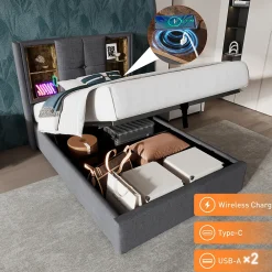 Lit Coffre 90x200 cm - Lit Coffre Capitonné Simple avec Wireless Charging et USB C, Coton Gris, Matelas Inclus><noscript><img width=