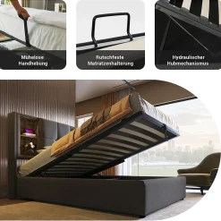 Lit Coffre 90x200 cm - Lit Coffre Capitonné Simple avec Wireless Charging et USB C, Coton Gris, Matelas Inclus><noscript><img width=