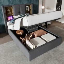 Lit Coffre 90x200 cm - Lit Coffre Capitonné Simple avec Wireless Charging et USB C, Coton Gris, Matelas Inclus><noscript><img width=