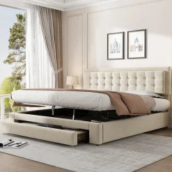 Lit coffre 160x200 cm - Lit coffre hydraulique avec 2 tiroirs et sommier à lattes - Velours - Sans Matelas - Beige><noscript><img width=