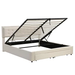 Lit coffre 160x200 cm - Lit coffre hydraulique avec 2 tiroirs et sommier à lattes - Velours - Sans Matelas - Beige><noscript><img width=