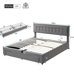 Lit coffre 160x200 cm - Lit coffre hydraulique avec 2 tiroirs et sommier à lattes en bois - Velours - Sans Matelas - Gris><noscript><img width=
