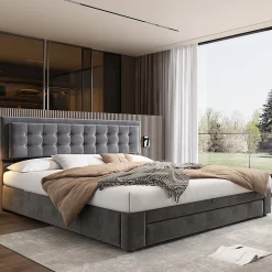 Lit coffre 160x200 cm - Lit coffre hydraulique avec 2 tiroirs et sommier à lattes en bois - Velours - Sans Matelas - Gris><noscript><img width=