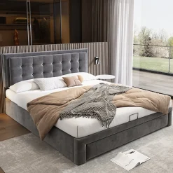 Lit coffre 160x200 cm - Lit coffre hydraulique avec 2 tiroirs et sommier à lattes en bois - Velours - Sans Matelas - Gris><noscript><img width=