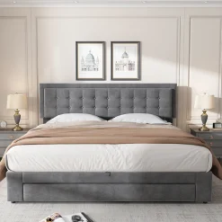 Lit coffre 160x200 cm - Lit coffre hydraulique avec 2 tiroirs et sommier à lattes en bois - Velours - Sans Matelas - Gris><noscript><img width=