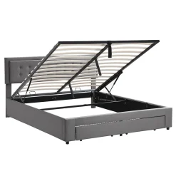 Lit coffre 160x200 cm - Lit coffre hydraulique avec 2 tiroirs et sommier à lattes en bois - Velours - Sans Matelas - Gris><noscript><img width=