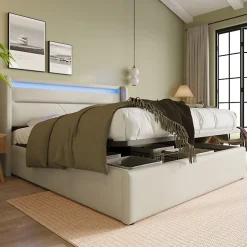 Lit Coffre 140x200 cm - Lit Coffre Capitonné Double avec Coffre Hydraulique et Tête de Lit LED, PU Blanc, Matelas Inclus>Okwish Clearance