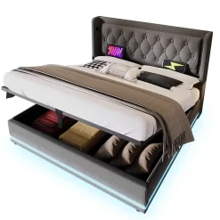 Generique Lit coffre 180x200 cm - Lit coffre hydraulique avec USB Type-C - Coton - Sans Matelas - Gris* Lit Coffre
