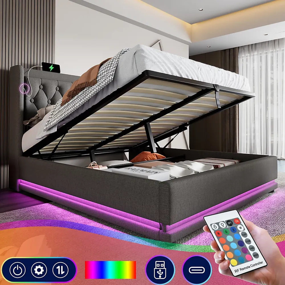 Generique Lit coffre 180x200 cm - Lit coffre hydraulique avec USB Type-C - Coton - Sans Matelas - Gris* Lit Coffre
