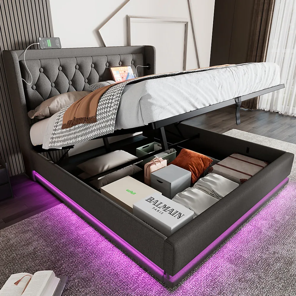 Generique Lit coffre 180x200 cm - Lit coffre hydraulique avec USB Type-C - Coton - Sans Matelas - Gris* Lit Coffre