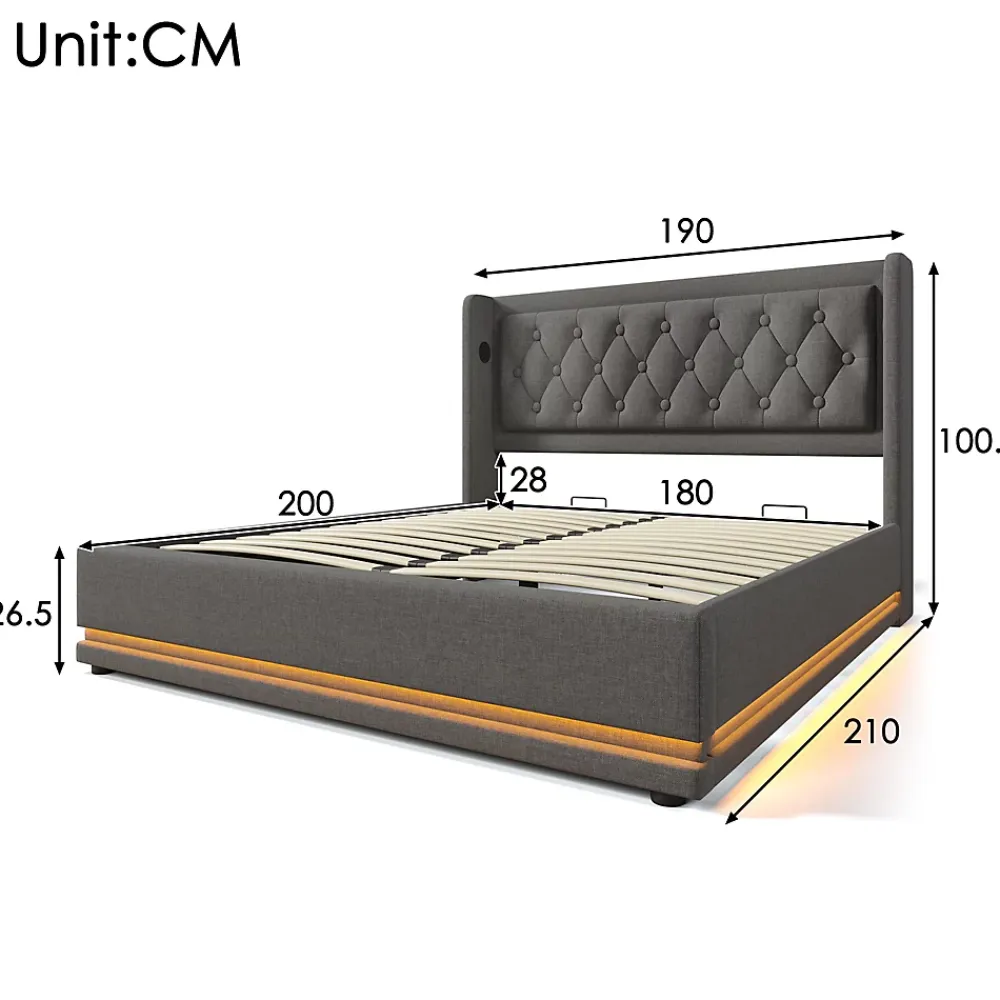 Generique Lit coffre 180x200 cm - Lit coffre hydraulique avec USB Type-C - Coton - Sans Matelas - Gris* Lit Coffre
