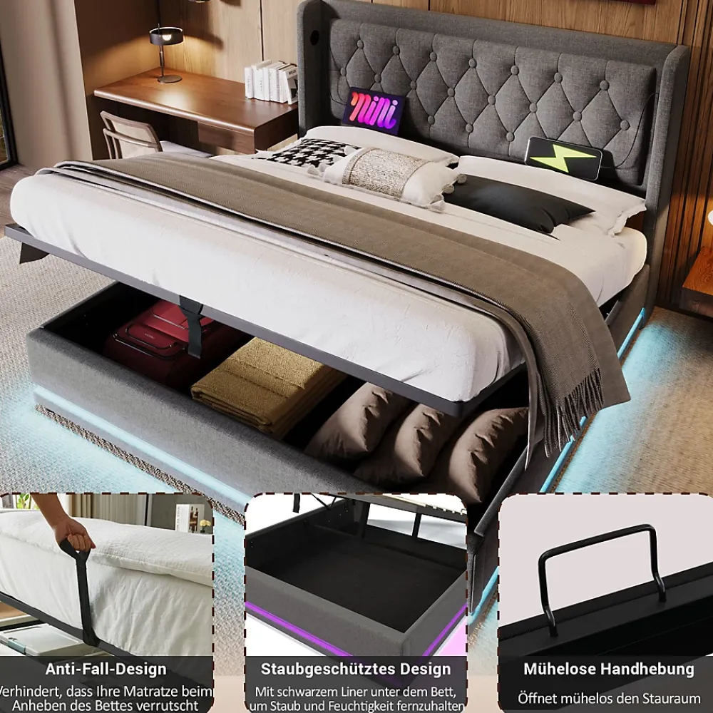 Generique Lit coffre 180x200 cm - Lit coffre hydraulique avec USB Type-C - Coton - Sans Matelas - Gris* Lit Coffre