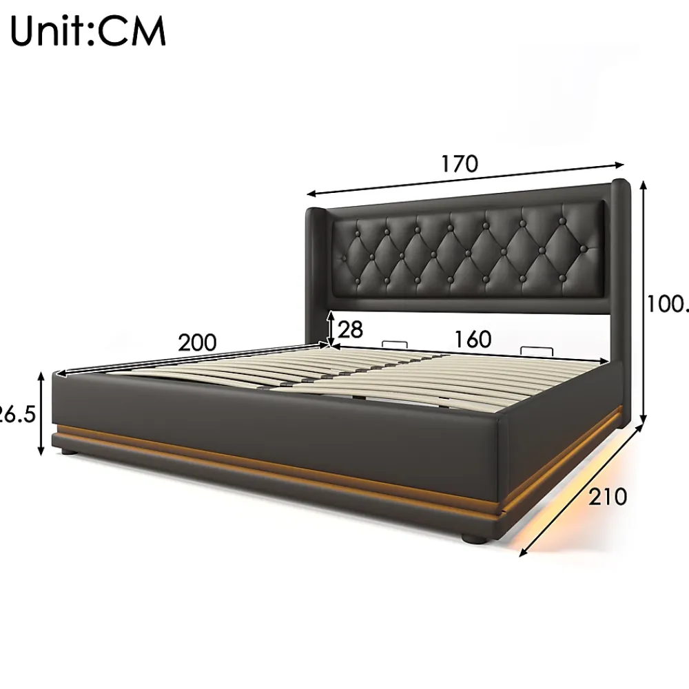 Generique Lit coffre 160x200 cm - Lit coffre hydraulique avec USB Type-C et LED - PU - Sans Matelas - Noir* Lit Coffre
