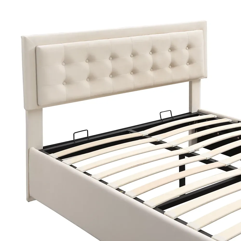Generique Lit coffre 140x200 cm - Lit coffre hydraulique avec 2 tiroirs et sommier à lattes - Velours - Sans Matelas - Beige* Lit Coffre