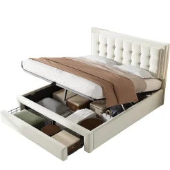Generique Lit coffre 140x200 cm - Lit coffre hydraulique avec 2 tiroirs et sommier à lattes - Velours - Sans Matelas - Beige* Lit Coffre