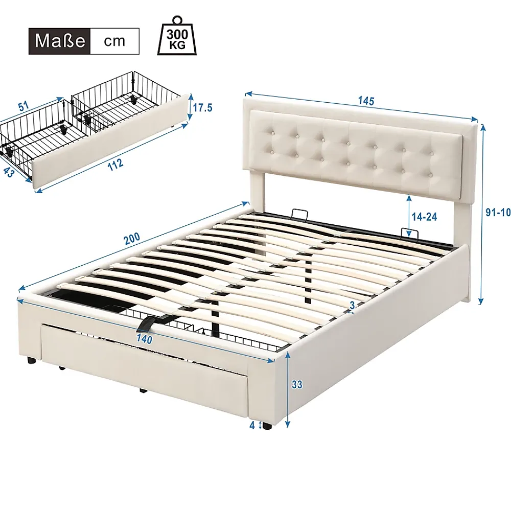 Generique Lit coffre 140x200 cm - Lit coffre hydraulique avec 2 tiroirs et sommier à lattes - Velours - Sans Matelas - Beige* Lit Coffre