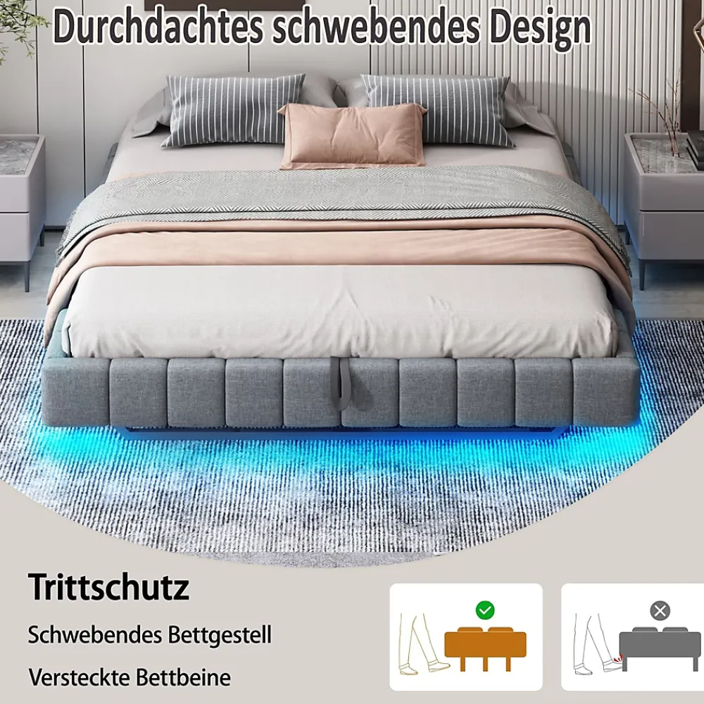 Okwish Lit Coffre 180x200 cm - Lit Double avec Rangement, Sommier Relevable, Bande LED Intégrée - Tissu Gris - Sans Matelas* Lit Coffre