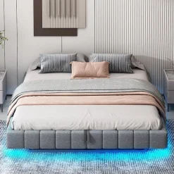 Okwish Lit Coffre 180x200 cm - Lit Double avec Rangement, Sommier Relevable, Bande LED Intégrée - Tissu Gris - Sans Matelas* Lit Coffre